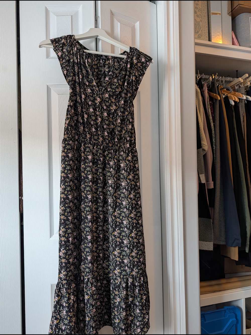 J. Crew Black Floral Midi Dress with Pink and Cream Accents